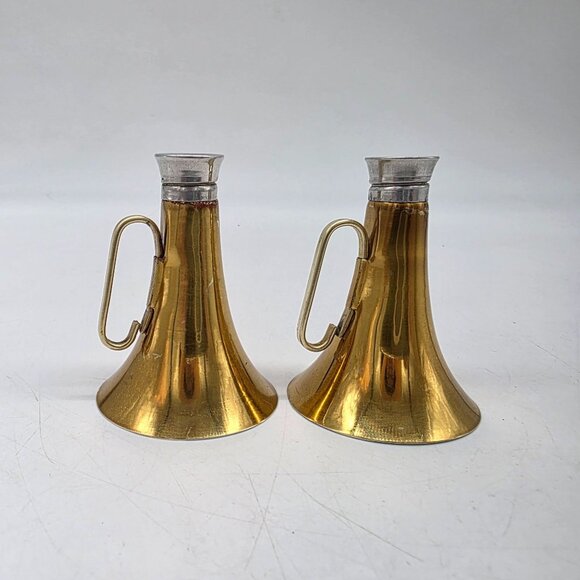 Vintage Brass & Glass Buggle Horn Shaped Salt & Pepper Shakers Removable Caps - Picture 6 of 10